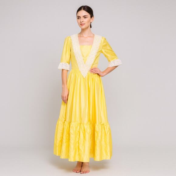 Vintage 80s Yellow Taffetta Bridgerton Style Dress w Matching Hat M - Picture 1 of 10